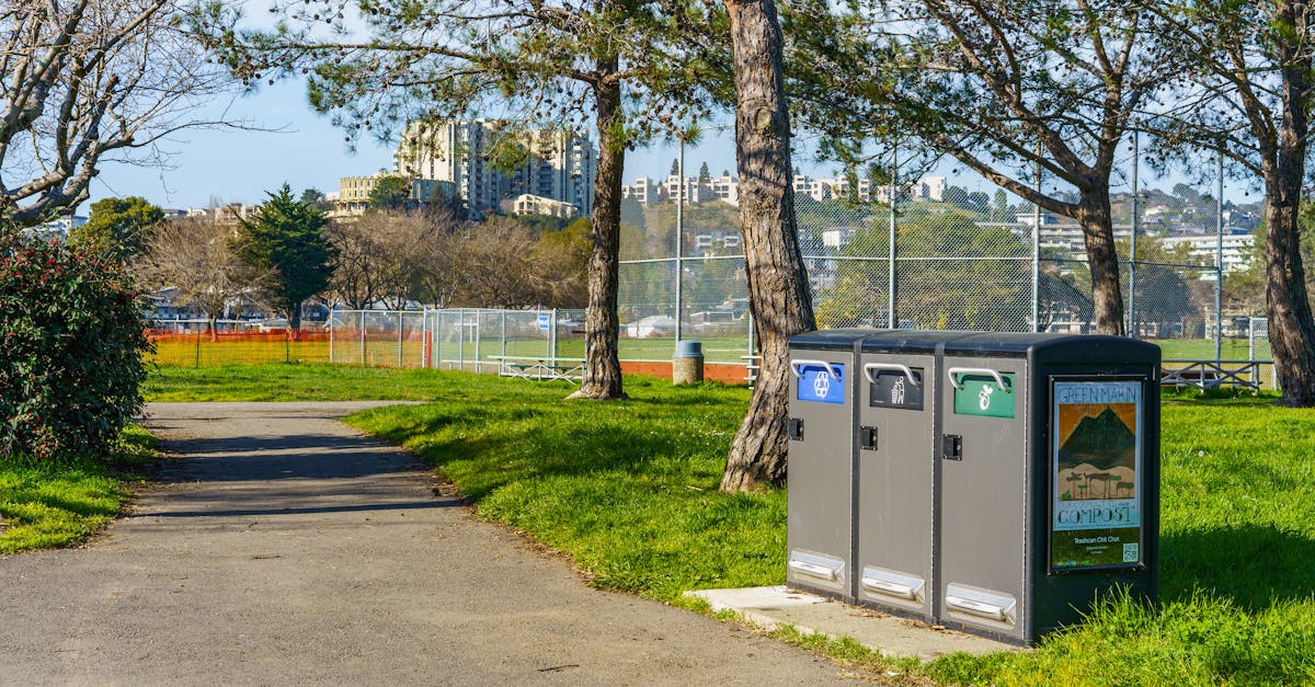 A vibrant park scene with recycling bins, trees, and cityscape in the background on a sunny day.