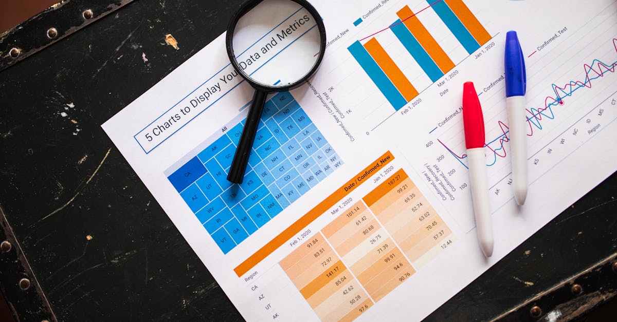 Flat lay of business charts and graphs with magnifying glass and markers on a dark surface.